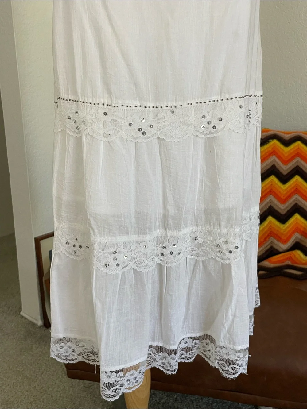 SOLD Y2K 1990s Bb Jeans Boho Fairy Lace Beaded Tier Midi Skirt - Picture 9 of 11